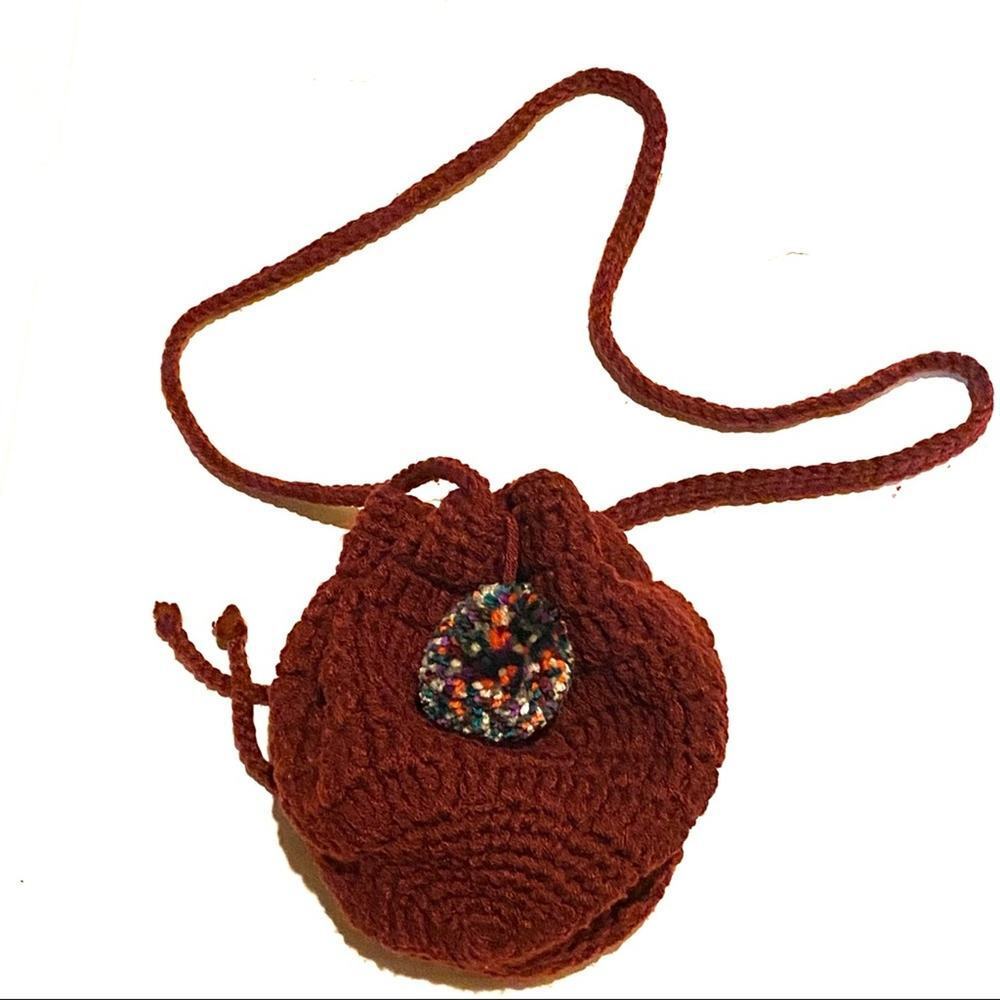 Mudd Retro Crochet Pom Pom Drawstring Maroon Boho Bag Purse